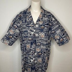 Pacific Legend Apparel Dark Blue Hawaiian Turtle Ocean Button Down Men's Shirt L